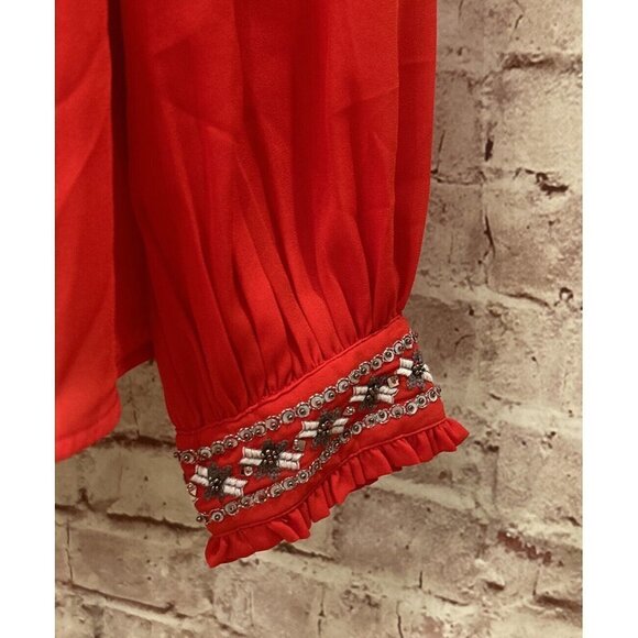 Crown & Ivy Womens XS Red Blouse Round Neck Long Sleeve Beaded Sequin Cuff NEW - Picture 3 of 4